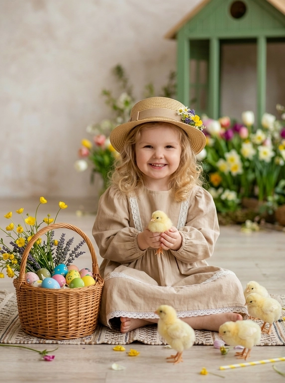 Ребёнок с лицом и улыбкой точь-в-точь как на фото. Ребёнок сидит на фоне светлой стены, сзади — размытый деревянный зелёный домик и цветы вокруг, сидит на полу с плетёной корзиночкой. В корзине — жёлтые цветы, лаванда и разноцветные пасхальные яйца. Вокруг ребёнка — маленькие жёлтые живые цыплята, одного держит в руках. Ребенок улыбается, как на фото, не менять лицо. 

Выбрать пол ребенка: Девочка в бежевом платьице с белыми кружевами рукавами фонариками. На голове соломенная шляпа с ленточкой.