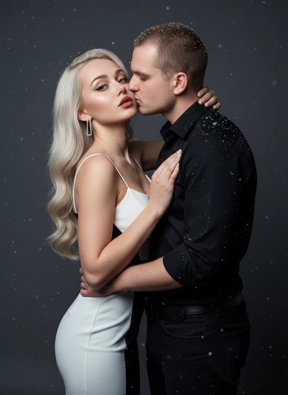 Создано с помощью сервиса Объединить два фото

Промпт пользователя:
Промпт: Создай студийный крупными планом гламурный парный портрет девушки крупным планом тоже самое лицо, глаза, губы на фоне фото студийная фотосессия.  У девушки волосы распущены и падая мягкими волнами на плечи,в ушах минималистические сережки. На ней белое черное платье на брительках. Безупречный макияж , подчеркнутые брови, сияющая кожа у девушки,лисья стрелки, красная матовая помада . Рядом стоявший мужчина одет в черную рубашку,в  черных джинсах.  Стоя за спиной девушки, прижав к себе, одной рукой держа за живот, второй за шею,девушка откинув голову назад, позволяя мужчине целовать себя в шею.
Идёт снег, снег на волосах и одежде
Взгляд  девушки соблазнительный смотря в камеру,приоткрыв пухлые губы
Фон-темно серый
Освещение ровное,подчеркивающее тусклые -холодных теней.

#женщина #мужчина #совместное #студия #макияж #платье #тренды #иисервис