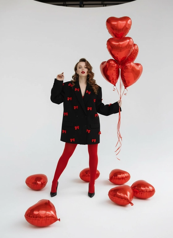 Фото сделано в циклораме. Женщина одета в черный объемный пиджак, усапанный маленькими красными бантиками. На ногах у нее красные колготки и черные туфли на высоком каблуке. Женщина держит в руках несколько красных гелиевых шаров из фольги в форме сердца, а вокруг нее разбросаны еще несколько таких же шаров из фольги в форме сердца. Ее волосы уложены в локоны, а губы накрашены красной помадой. Она смотрит прямо в камеру, слегка приподняв одну руку, как будто позируя для фотографии.
Профессианальная съемка в студии ко дню святого Валентина 