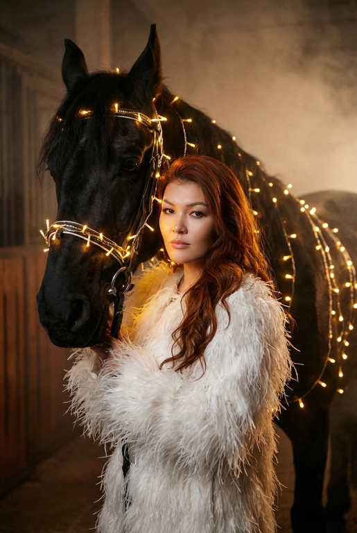 Создай крупный портрет, не меняя черты лица. Фотография в стиле высокой моды. Женщина, одетая шубу из пера страуса. Она стоит рядом с вороной лошадью, которая полностью обвита светящимися теплым светом гирляндами. Гирлянда также идет поверх узды.  Освещение драматичное, кинематографичное, с  неоновым свечением и легкой дымкой на заднем плане в конюшне . Высокая детализация, 8k, профессиональная съемка. Лицо девушки освещено мягким теплым светом. Глубокие тени, туман, мистическая и сюрреалистичная атмосфера. Фото на камеру 35mm, малая глубина резкости. Цвет шубы - белый, волосы волнистые длинные, без изменения черты лица 