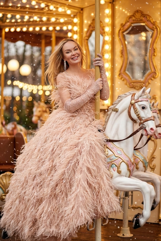   Сказочный праздничный портрет на ретро-карусели, вертикальный кадр до пола. Девушка сидит боком верхом на белой карусельной лошадке с золотыми и пастельно-розовыми декоративными элементами, руками обнимает золотой столб, на ней, уши украшены свисающими серьгами. Волосы распущены и развеваются, лицо слегка повернуто в сторону, выражение расслабленное и радостное. Фон залит тёплым светом гирлянд и лампочек карусели, золотые рамы зеркал и размытые огни парка создают атмосферу роскошной рождественской ярмарки, в воздухе лёгкие снежинки и боке. Гламурный праздничный стиль, насыщенные тёплые тона, мягкое боке, high fashion editorial, 8k, cinematic lighting, shallow depth of field, festive atmosphere. --ar 9:16 --v 6 --style raw --q 2 На ней пышное вечернее платье нежно‑пудрового цвета, полностью покрытое длинными перьями, создающими объём и движение, на руках блестящие длинные перчатки