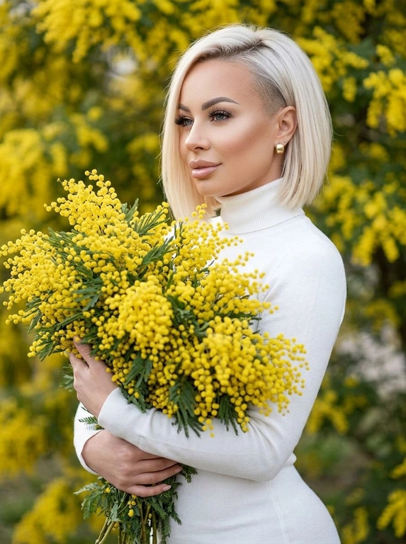 Сохранить внешность на 100%. вертикальный формат 9:16, крупный план от верхней части бёдер/талии до макушки. модель занимает почти весь кадр. Фон - цветущее дерево мимозы. Макияж - накладные ресницы (эффект лучики), легкий контуринг, на губах нюдовая помада с блеском, легкий румянец. Поза: Тело развернуто в лёгкие три четверти, Голова слегка повернута в сторону (влево), взгляд направлен в сторону, не в камеру. Выражение спокойное, уверенное, чувственное, с легкой полуулыбкой. Она держит в руках огромный букет мимозы, пышный, свежий, прижимает к груди. Одежда: белая водолазка подчеркивающая фигуру. Видно только по пояс.

Какая будет прическа?: Не менять мою прическу.