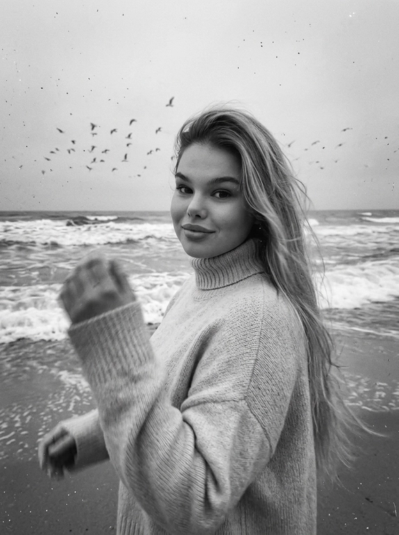 Создай портрет, не меняя черты лица. Черно-белая фотография в стиле ретро: человек стоит на морском побережье, в полупрофиль, смотрит нежно в камеру, легкая улыбка на лице, одет(а) в светлый оверсайз вязаный свитер с высоким воротником. На переднем плане — размытая рука в движении (motion blur), на заднем плане — море с волнами и стая птиц в небе, пасмурное небо. Сильная зернистость пленки, винтажная эстетика, атмосфера свободы, эффект размытия в движении, эстетика.