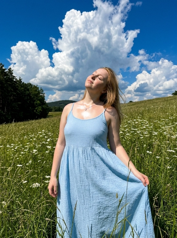 Фотореалистичное фото как из Pinterest, снято на заднюю камеру смартфона , обычный режим, без портретного режима, вертикальный кадр , натуральная экспозиция, реалистичная резкость смартфона, лёгкое естественное зерно. Без ИИ‑ретуши, без ИИ‑масок, без «пластика», без замыливания, без бьюти‑фильтров, без HDR, без агрессивного шумоподавления , видна естественная текстура кожи, ткани и травы. 
Локация: летний луговой склон с высокой зелёной травой и белыми полевыми цветами , слева тёмная кромка леса, густые деревья, вдали небольшой холм. Над головой яркое синее небо с крупным объёмным белым кучевым облаком, солнечный день.
Свет: жёсткий дневной солнечный свет сверху или сбоку, контрастные тени на траве, выраженные солнечные блики на плечах и ключицах, без пересветов.
ракурс: съёмка с уровня талии или чуть ниже, средний план примерно от середины бёдер и выше с большим количеством неба в кадре, акцент на фигуре на фоне облаков. Фокус на модели, фон слегка мягкий и  естественный, без искусственного боке.
Поза: модель стоит в траве, голова запрокинута вверх, глаза закрыты, лицо повернуто к солнцу, расслабленное мечтательное настроение. Одна рука держит край юбки, вторая опущена вдоль бедра. Минималистичные украшения: тонкая цепочка с небольшим кулоном.
Естественный макияж, натуральная кожа без глянца и без сглаживания. 

Какое будет платье?: Нежно голубое муслиновое платье