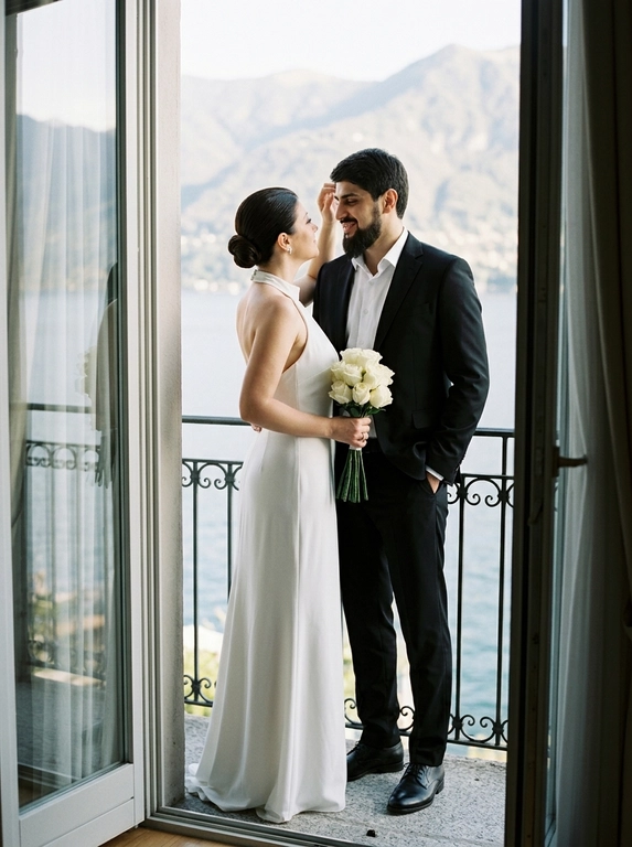 Фотореалистичный bridal editorial, полный рост. Пара стоит на узком балконе у открытой стеклянной двери. Мужчина слева, корпус в 3/4 вправо к женщине, одна рука в кармане брюк, другой рукой мягко касается её волос у лба, голова чуть наклонена к ней, взгляд на женщину, лёгкая нежная улыбка. Женщина справа, стоит очень близко, корпус в 3/4 влево, голова поднята к мужчине, взгляд снизу вверх на его лицо. В обеих руках прижат к животу маленький аккуратный букет из 11 этих цветов: бутоны цветов собраны плотно, стебли строго вниз, букет вертикальный, не у бедра, не у груди. Мужчина в чёрном костюме и белой рубашке без галстука. Женщина в длинном белом платье-халтер с открытой спиной. Фон: кованые перила, озеро, горы, светлые шторы. Мягкий естественный дневной свет, 50mm, лёгкое зерно.

Из каких цветов будет букет невесты?: Белые розы

Доп. характеристики: Платье на женщине с закрытой спиной. Волосы собраны.