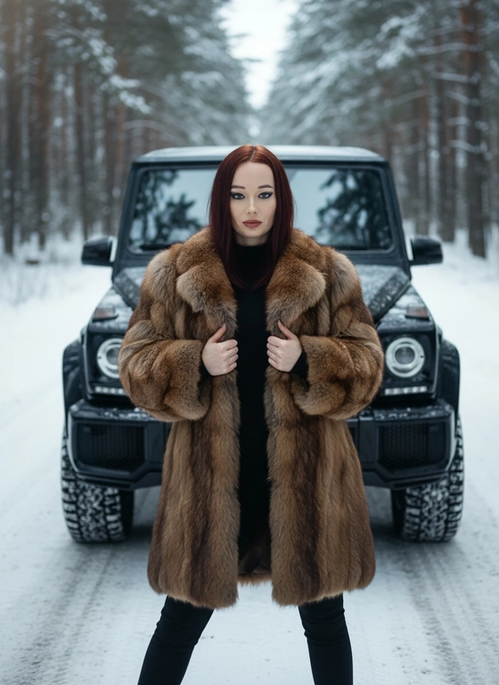 Создай, не меняя черты лица. Реалистичный снимок, высокая детализация лица, кадр на заснеженной лесной дороге при холодном мягком зимнем освещении, подчёркивающем контраст суровой природы и гламура.  
Портретная съёмка. Женщина стоит у машины, смотрит в камеру. На ней чёрный облегающий комбинезон с длинными рукавами и высоким горлом, длинная, объёмная, натуральная меховая шуба коричневого цвета с фактурой, руки перед собой. Свет и тени акцентируют линии тела и стройность позы, мощная машина на фоне сочетает индустриальную холодность с природной суровостью. Снег покрывает землю, создавая контраст тепла меха и мороза, придавая атмосфере таинственность и силу. Цвета — приглушённые тёмные и естественные с акцентом на чёрное и коричневое, как кадр из кинематографичного модного фотопроекта, фотореалистичное, высокая текстурная детализация, 4К. Сзади автомобиль Mercedes‑Benz G 63 AMG