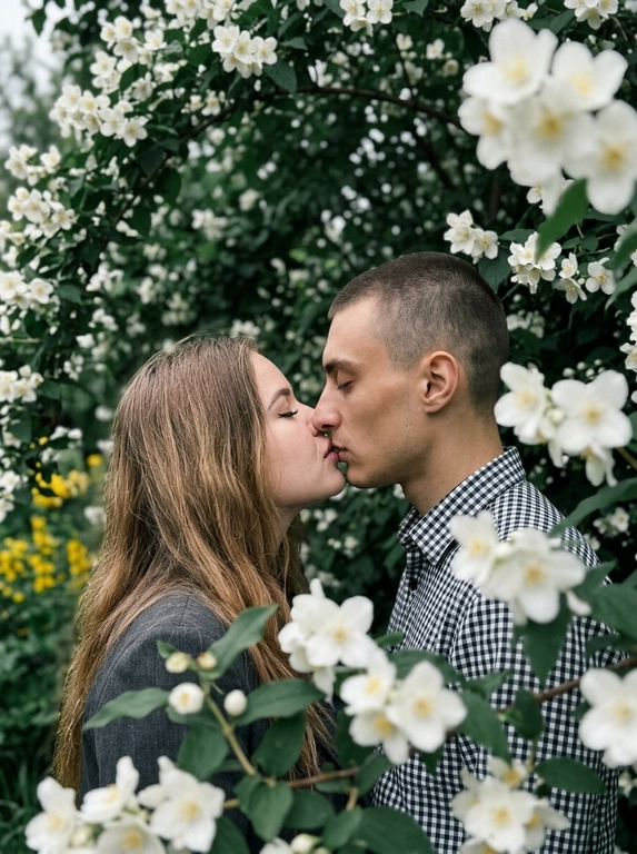A man and a woman stand face to face, kissing—their lips touching, faces in profile, eyes closed. The shot is close-up, from shoulders to head, angled at eye level, with their faces centered in the frame and surrounded by flowering branches. The foreground and edges of the frame are filled with out-of-focus branches and flowers. Do not alter the faces from the uploaded photos.
The skin appears perfectly smooth and matte.
The man is wearing a cotton shirt with a small gingham check in black and white tones. The woman is wearing a dark gray jacket.
The location is a flowering tree with dense branches: large white flowers with five petals and yellow stamens —presumably jasmine or bird cherry—and dense dark green foliage. The branches frame the figures on all sides, creating a living, arched tunnel. In the left middle ground, yellow flowers are out of focus.
The lighting is natural, overcast, diffused, with no clear direction of the light source—an even, soft light. Shadows are virtually absent. Contrast is low. The overall tone of the frame is muted and cool, with green and white dominant tones. The highlights on the skin are subdued and matte. The film grain is pronounced.
Shot with an 85mm lens, minimal depth of field with sharp focus exclusively on the lips and the area where the faces meet—the foreground with the man's shoulder and the nearby branches are completely out of focus, the background with foliage is blurred into bokeh. Pronounced film grain. A reportage paired shot in the style of a Candid Film portrait, highly detailed and photorealistic.
Soft romantic spring botanical mood,
dominant tones: white blossom, deep green, dark charcoal,
low saturation with cool green emphasis,
flat diffused overcast natural lighting,
minimal shadow definition,
heavy analog film grain throughout,
lifted blacks with a soft hazy quality,
shallow depth of field with strong foreground blur,
Candid Film Spring color grading.