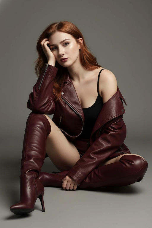 Максимально сохрани внешность и черты лица. Модный портрет уверенной в себе женщины, сидящей на полу студии в свободной тёмно-красной кожаной куртке (которая спадает с одного плеча, открывая плечо), под кожаной курткой — чёрный топ, и подходящих к ней высоких сапогах на шпильке; очень короткие шорты, которых не видно. Минималистичный фон в нейтральных серых тонах, мягкое студийное освещение, естественный гламурный макияж с едва заметными контурами, непринуждённо-шикарная поза, современная эстетика высокой моды, редакционный стиль Vogue, ультрареалистичная фотография 8K, кинематографичный тон, сбалансированная композиция, утончённое и минималистичное настроение. Голова опирается на руку. Не меняй черты лица.


Не изменять мою прическу