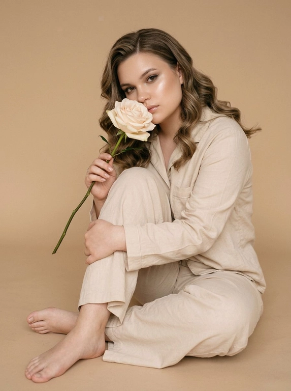 Сохрани внешность человека с исходного фото. Создай студийное фото на котором человек сидит на полу обнимая колени одной рукой. Второй рукой человек держит красивую нежную розу с большим бутоном, бутон цветка закрывает часть её лица. Макияж красивый профессионалный, ровная кожа с естественным сиянием, немного хайлайтера, дымчатые тени, красивые тонкие графичные стрелки, губы в прозрачном блеске. Одежда: светлый хлопковый костюм по типу пижамы, рубашка с длинным рукавом и свободные брюки. Но ноги босые. Фон бежевый, бесшовный и однотонный, фокус на человеке. Естественный свет допустимо лёгкое зерно. Высокое качество фото.

Прическа: Волосы ухоженные уложены крупные волнами.