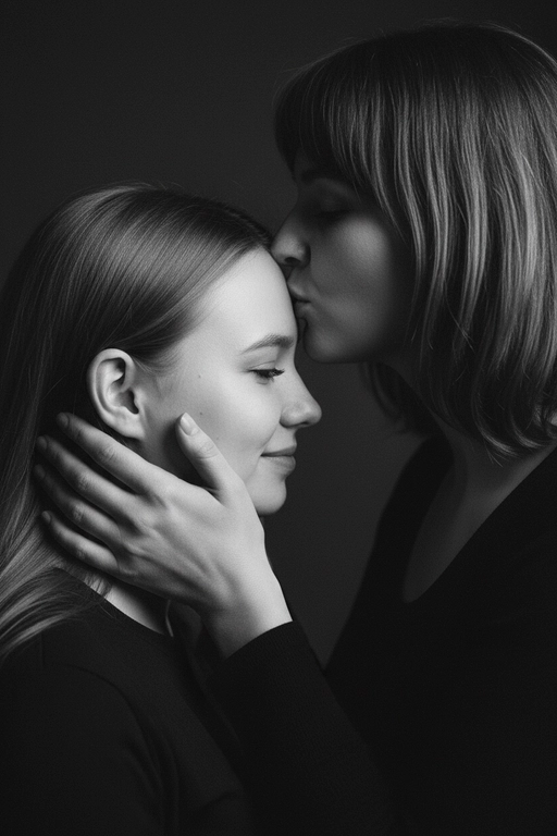Профессиональное студийное фото, чёрно-белый крупный портрет взрослой женщины и второго человека (это ее сын или дочь). Камера очень близко, объектив 85mm, f/2.0, малая глубина резкости, фокус на ресницах младшего. Боковой ракурс 3/4 слева: старшая выше, в профиль, целует младшего в центр лба. Её обе руки обрамляют лицо младшего, пальцы по бокам щёк, большие под ушами. Младший тоже в профиль с лёгкой улыбкой и закрытыми глазами. Гладкий тёмный фон, мягкий свет слева под 45°, глубокие тени, высокий контраст, реалистичная текстура кожи, отсутствие шума, качество как у профессионального фотографа. Лица должны быть полностью узнаваемыми, соответствовать исходным референсам без искажений, без изменения пропорций и черт.