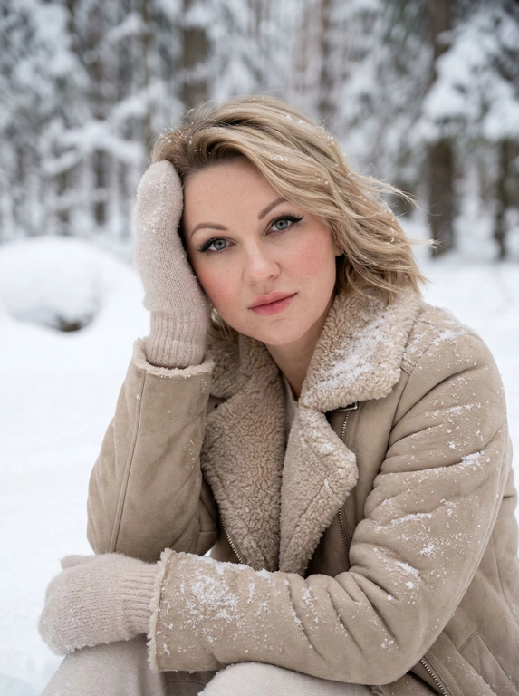 Создай фото, не меняя черты лица. 
Уличная зимняя съёмка на открытом воздухе, вертикальный портретный формат, ощущение тихого, камерного момента в природе, словно личный зимний дневник без позирования для публики. женщина сидит в снегу, корпус слегка наклонён вперёд, поза расслабленная и собранная, одна рука поднята и прижата к голове, другая поддерживает её, кадрирование среднее ближе к поясному с акцентом на лицо, плечи и верхнюю часть тела, взгляд мягко направлен в камеру без напряжения, создавая ощущение близкого, доверительного контакта. 
Макияж - Ее глаза выделены благодаря четкому стрелковому макияжу, черная острая стрелка и накладные ресницы с эффектом лисьего глаза. Легкий румянец на щеках, на губах эффект «зацелованных губ» с блеском, контуринг и едва заметный хайлайтер на кончике носа и во внутренних уголках глаз.
Естественная кожа, без чрезмерной ретуши 
Ее волосы аккуратно уложены в волны, их слегка раздувает ветром.
лицо полностью узнаваемое, естественные пропорции, спокойное выражение, живая кожа с натуральной текстурой и лёгким румянцем от холода.
 На женщине тёплая многослойная зимняя одежда: светлые варежки, объёмная дублёнка в натуральных бежево -молочных оттенках, поверхность одежды покрыта свежим снегом, который подчёркивает реальность сцены и холодную среду; ткань плотная, матовая, с заметной текстурой, одежда сидит свободно и функционально, полностью закрывая тело. Аксессуары минимальны и утилитарны, все предметы — часть зимнего образа и взаимодействия с холодом, без декоративной перегрузки. Окружение — заснеженный лес или парк, фон мягко размытый, деревья и снег формируют спокойный, нейтральный задний план, который не отвлекает от модели, создавая глубину и ощущение уединения. Свет рассеянный, естественный, дневной зимний, без жёстких источников: лицо освещено мягко и равномерно, тени деликатные, снег работает как отражатель, добавляя свет в кадр и подчёркивая текстуру кожи и одежды.
 ultra-sharp
Соотношение сторон 9:16
