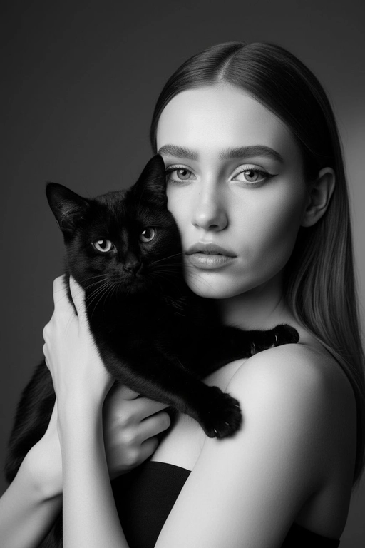 Готический портрет с черной кошкой: ИИ-фото в стиле нюар