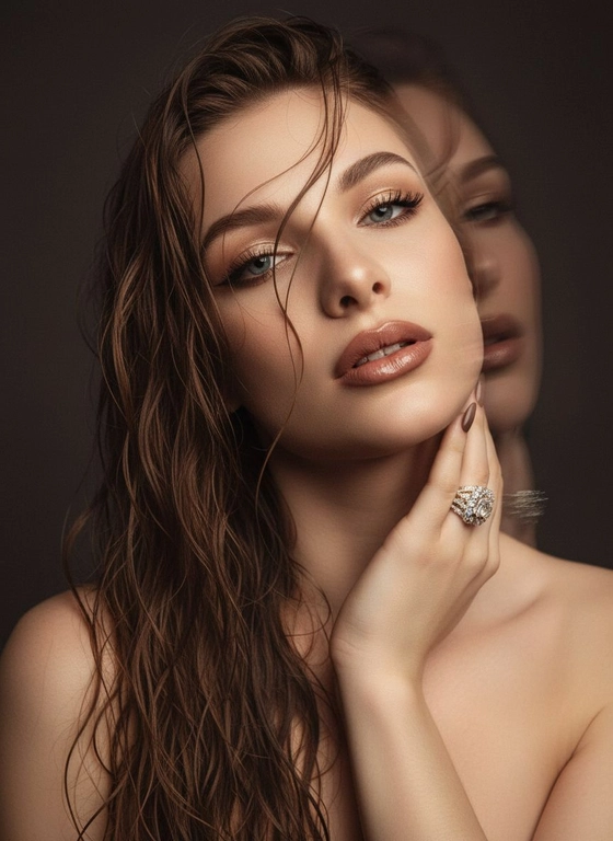 Создайте портрет женщины с длинными, волнистыми, влажными волосами, свободно ниспадающими на плечи, некоторые пряди прилипают к лицу. Она чувственно смотрит в камеру, слегка откинув голову назад, словно наслаждаясь мгновением покоя или чувственности. Её рука нежно лежит на шее, на пальце – эффектное сверкающее кольцо. Плечи опущены. Тёмный, почти однотонный и размытый фон подчёркивает силуэт и лицо женщины. Весь образ мастерски передан с помощью размытия в движении и световых бликов, которые создают ощущение естественного, сказочного движения головы и руки. Мягкие, тёплые тона, лёгкое свечение кожи и губ создают интимную, чувственную и таинственную атмосферу. Эффекты: размытие в движении, художественная длительная выдержка, тёплые тона, атмосфера сновидения. Макияж выразительный: длинные чёрные ресницы, бежевые тени с лёгким мерцанием, выразительные контуры и румяна, безупречная кожа и пухлые губы с нюдовым блеском и тёмно-коричневым карандашом для губ. Ухоженные брови с эффектом Bravenlifting. Длинные, заостренные ногти. Реалистичное фото, как будто снято на профессиональную камеру. Сохраните черты лица такими, какие они есть.