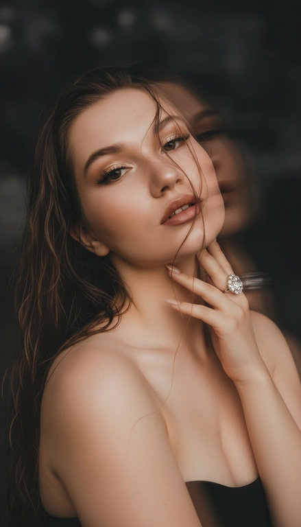 Создайте портрет женщины с длинными, волнистыми, влажными волосами, свободно ниспадающими на плечи, некоторые пряди прилипают к лицу. Она чувственно смотрит в камеру, слегка откинув голову назад, словно наслаждаясь мгновением покоя или чувственности. Её рука нежно лежит на шее, на пальце – эффектное сверкающее кольцо. Плечи опущены. Тёмный, почти однотонный и размытый фон подчёркивает силуэт и лицо женщины. Весь образ мастерски передан с помощью размытия в движении и световых бликов, которые создают ощущение естественного, сказочного движения головы и руки. Мягкие, тёплые тона, лёгкое свечение кожи и губ создают интимную, чувственную и таинственную атмосферу. Эффекты: размытие в движении, художественная длительная выдержка, тёплые тона, атмосфера сновидения. Макияж выразительный: длинные чёрные ресницы, бежевые тени с лёгким мерцанием, выразительные контуры и румяна, безупречная кожа и пухлые губы с нюдовым блеском и тёмно-коричневым карандашом для губ. Ухоженные брови с эффектом Bravenlifting. Длинные, заостренные ногти. Реалистичное фото, как будто снято на профессиональную камеру. Сохраните черты лица такими, какие они есть.