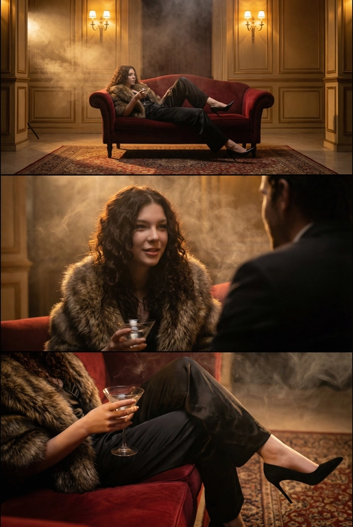 Создай кинематографичный коллаж формата 2:3, состоящий из трёх горизонтальных кадров, расположенных друг под другом. Атмосфера — роскошный барочный гостиничный холл, тёплый янтарный свет, мягкая дымка, винтажные бра, позолоченные панели, бархатная мебель. Женщина с харизмой жены мафии в тёмном атласном комбинезоне на бретелях и роскошном меховом палантине.

Кадр 1 (верхний): широкий план. Женщина расслабленно лежит на бархатном диване, одна нога вытянута, чёрные острые шпильки упираются в ковёр. В руке — бокал мартини. Комната наполнена дымом и тёплым светом.

Кадр 2 (средний): средний портрет. Она слегка улыбается, общаясь с кем-то за кадром. Свет подчёркивает её волосы и мех на плечах. Атмосфера интимная и тёплая.

Кадр 3 (нижний): крупный акцент на детали. Её рука с бокалом, текстура мехового палантина, атлас комбинезона, изящный изгиб ноги в чёрных шпильках, дымка вокруг.

Стиль: кинематографичный, дымный, атмосферный, глубокие тени, мягкие блики, богатые текстуры, настроение нео-нуар.