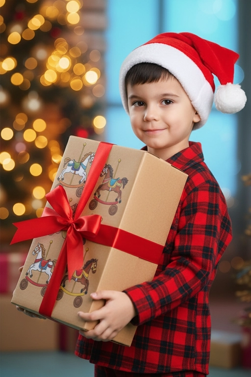 Используйте отправленную мной фотографию в качестве референса. Камера снимается немного выше уровня глаз, глядя прямо на модель, охватывая от середины груди и выше.  На изображении человек держит подарочную коробку  (размер 50х500х50 сантиметров) с крышкой, перевязанную красной лентой. На коробке нарисованные игрушечные лошадки. На фоне размытая рождественская или новогодняя елка. Лицо в три четверти (3/4), Модель в красной пижамной рубашке в клетку. Смотрит в камеру с легкой улыбкой, как будто предвкушая открыть свой подарок. 

Освещение выполнено по принципу софтбокса, но с более сильным, концентрированным основным светом для создания интенсивного свечения, сохраняя при этом мягкие тени, которые подчёркивают черты лица человека. 
Гиперреалистичная детализация, передающая каждый нюанс красоты, выражения лица и сложную текстуру волос, кожи и одежды. Атмосфера новогоднего праздника.  На голове у ребенка рождественский красный колпак с белым помпоном на конце, колпак надет почти на макушке, видны передние волосы  
