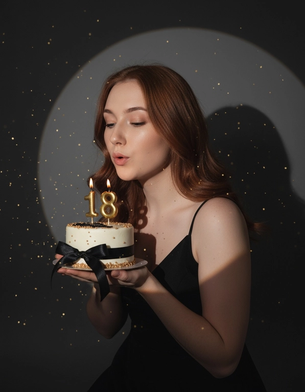 Фотореалистичный портрет женщины с точно таким же лицом, чертами, выражением и цветом волос, как на исходной фотографии - ничего не изменять. Атмосфера - день рождения: мягкий блеск свечи отражается на её лице, в воздухе лёгкие золотистые блёстки, создающие праздничное сияние. Фон темно-серый. Освещение студийное, контрастное, с кругом света на фоне, создающим выразительную тень. Волосы - волнистые, мягко подсвечены. Она немного стоит полубоком. Женщина держит в руках маленький праздничный торт, украшенным чёрными лентами и изящной цифрой из золотых свечей; Она сдувает свечу. Она одета в черное платье без рукавов. Свечки в виде цифр 18.