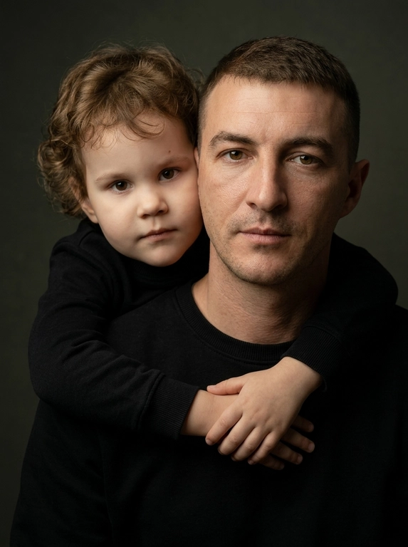 Создай портретный студийный кадр из фотосессии отца и сына. Сын обнимает отца сзади, лежа подбородком на его плече, руки мягко сомкнуты на груди мужчины. Оба смотрят прямо в камеру. Естественные спокойные эмоции, лёгкая серьёзность во взгляде.
Одежда — однотонные чёрные лонгсливы или свитера без принтов. Тёмный нейтральный фон (глубокий серо-оливковый или графитовый). Мягкий направленный студийный свет с лёгкой теневой глубиной, акцент на лицах, тёплая естественная цветокоррекция, высокая детализация кожи, натуральная текстура без излишней ретуши.
Кадр — крупный или средний план, плотная композиция, лица расположены близко друг к другу. Атмосфера — тёплая, камерная, эмоциональная, ощущение близости и доверия. Профессиональная съёмка, 85mm lens, shallow depth of field, cinematic portrait, ultra realistic.
