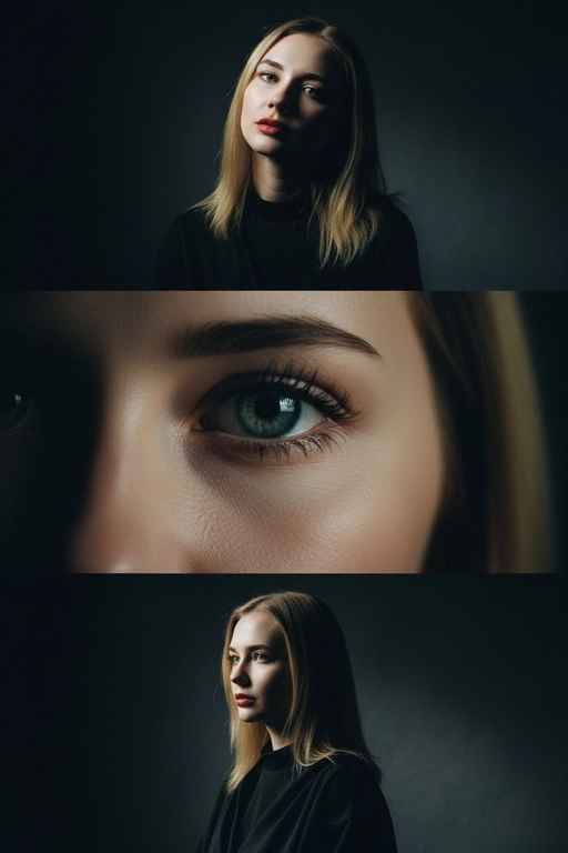 Создай коллаже из 3-х кадров на основе внешности человека на фото. Верхний кадр: человек смотрит в камеру с лёгким наклоном головы. Один глаз в свете, другой в тени — эффект таинственности. Чёрная одежда усиливает драму. Тёмный фон с мягким светом , подчёркивает лицо. 
Центральный кадр (глаз): крупный супер чёткий план её глаза - ресницы, радужка, отражения. Взгляд прямой и глубокий. Фон полностью чёрный. 
Нижний кадр: интенсивный уверенный взгляд человека влево, голова тоже повернута влево. Чёрная одежда, тёмный фон. Жесткий боковой свет, подчёркивающий контуры лица и создающий драматичные тени. Стиль: raw, винтажная плёночная зернистость, драматизм.