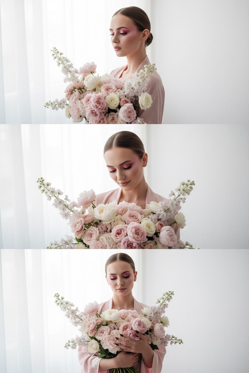 Не меняй черты лица, оставь их точь в точь как на загруженном фото, в том числе макияж и волосы.
Композиция из триптиха изображает женщину дома с цветами
На ней свободная пижама кимоно в пол нежно розового цвета.

На верхнем кадре портрет крупным планом, женщина смотрит в камеру лицо боком в руках у неё огромный букет. На заднем плане светлая стена размыты.

На центральном кадре сверхкрупный план, та же девушка, ее голова слегка наклоненная вперед, она принюхивается к букету, ее глаза закрыты, на лице легкая улыбка.  Кадр снятый с очень близкого расстояния, видно только часть огромного букета и лица  

На нижнем кадре портрет крупным планом изображена всё та же женщина, голова запрокинута вверх глаза закрыты, прижимает все тот же огромный букет к груди

Цветовая палитра приглушена, с нежными розовым, белым
Общий стиль наводит на романтику. Присутствует видимая зернистость.  Букет цветов - разные цветы