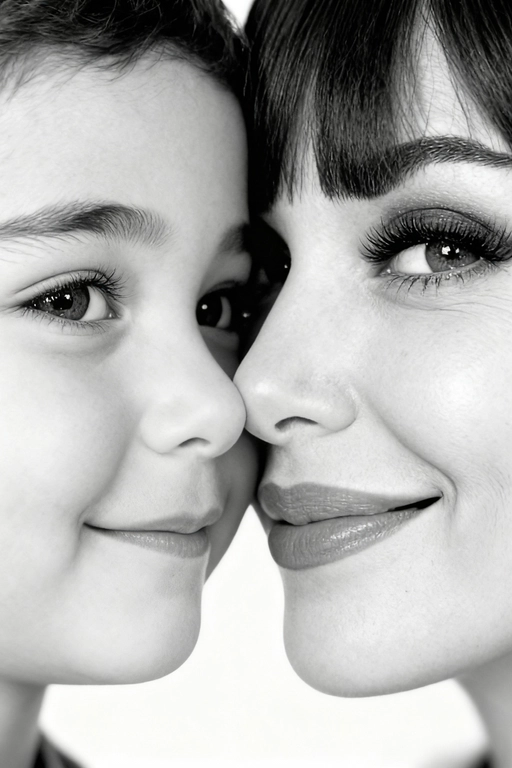Сверхреалистичная черно-белая художественная фотография 8K женщины и ребенка, снятая очень крупным планом, щека к щеке так что видны только правая половина лица женщины и левая половина лица ребенка. которые смотрят в камеру. Их лица расположены рядом, почти соприкасаясь, образуя идеально сбалансированную симметричную композицию. Каждая деталь передана с фотографической точностью: тонкая текстура кожи и плавные градиенты света и тени. Видимая половина женщины включает ее бровь, один глаз , часть ее носа, щеку и губы, слегка приоткрытые в нежной, естественной улыбке, Видимая половина ребенка включает один глаз , круглую мягкую щеку, часть носа и небольшую улыбку, Фон белый и слегка размытый, что подчеркивает эмоциональную близость между ними. Освещение мягкое и рассеянное, создает деликатный контраст и тональную глубину. На снимке запечатлены нежность, близость и связь между матерью и ребенком, запечатленные с потрясающей реалистичностью. Не меняй черты лиц. 
