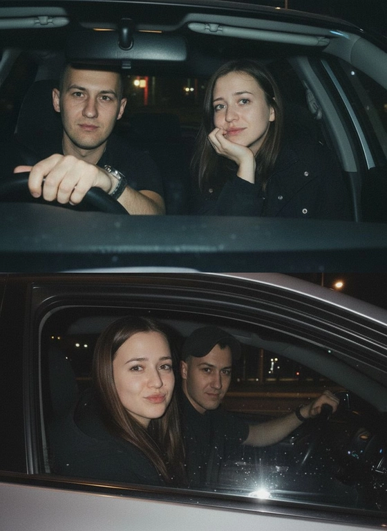 Используй предоставленные изображения и создай коллаж из двух фото, одно под другим. Первое фото сверху: Ночное фото в салоне автомобиля: мужчина за рулем смотрит вперед, его рука с часами на руке. Женщина на пассажирском сиденье, слушает его подперев щеку рукой. Съемка в стиле папарацци с эффектом зернистой пленки, атмосфера интимная. Второе фото: Девушка и парень смотрят в камеру Ночное фото папарацци крупным планом: мужчина за рулём и женщина на пассажирском сиденье смотрят в камеру. Женщина с ухмылкой и губами бантиком, мужчина слегка улыбается, положив руку на руль. Съёмка через пассажирское окно, сочетание ночного света и вспышки, эффект зернистой плёнки.