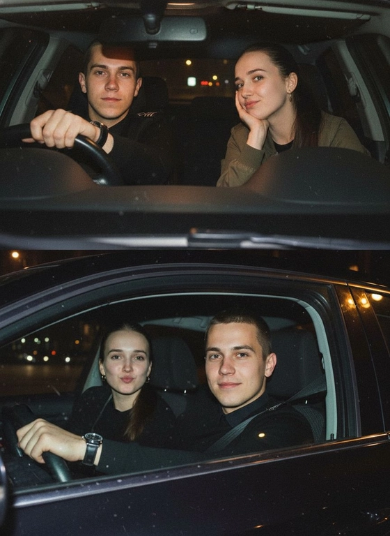 Используй предоставленные изображения и создай коллаж из двух фото, одно под другим. Первое фото сверху: Ночное фото в салоне автомобиля: мужчина за рулем смотрит вперед, его рука с часами на руке. Женщина на пассажирском сиденье, слушает его подперев щеку рукой. Съемка в стиле папарацци с эффектом зернистой пленки, атмосфера интимная. Второе фото: Девушка и парень смотрят в камеру Ночное фото папарацци крупным планом: мужчина за рулём и женщина на пассажирском сиденье смотрят в камеру. Женщина с ухмылкой и губами бантиком, мужчина слегка улыбается, положив руку на руль. Съёмка через пассажирское окно, сочетание ночного света и вспышки, эффект зернистой плёнки.