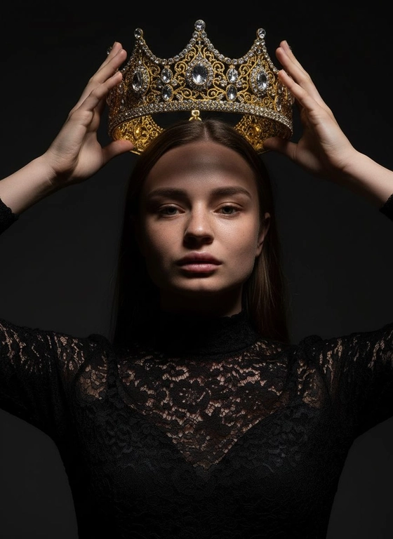 Модный портрет женщины крупным планом, стоящей прямо перед камерой, со слегка приподнятым подбородком. Она держит двумя руками почти над головой искусно выполненную корону с богатым филигранным орнаментом и крупными сверкающими драгоценными камнями. Корона находится в резком фокусе, отбрасывая тень на лицо. Освещение падает сверху, подчёркивая корону и создавая драматичный, контрастный эффект. Тёмная тень на лице усиливает ощущение таинственности и элегантности. Её платье – из тонкого чёрного кружева с высоким воротом. Фон темный, усиливая драматизм. Корона цвета желтого золота.