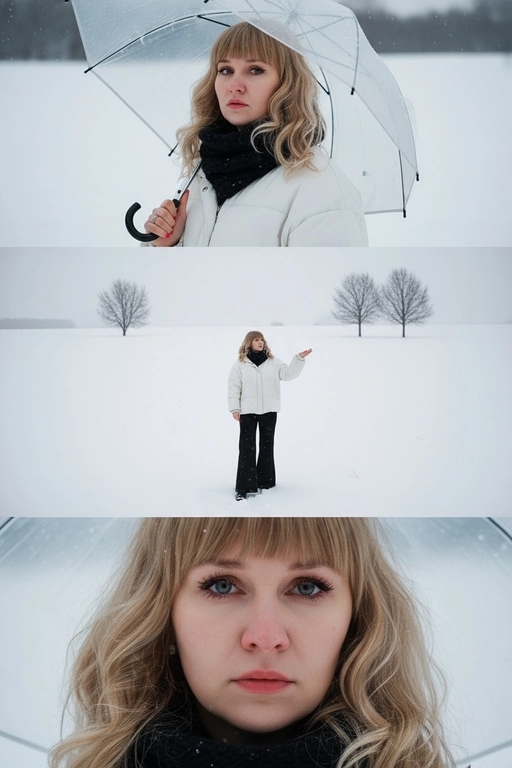 Создай вертикальный кадр, разделённый на три горизонтальных изображения одинакового размера, расположенных рядом. Главный персонаж основан на референсном лице, причёске и фигуре: фигура с выражением грусти и ностальгии, с глубокими глазами, излучающими одиночество. Наряд представляет собой свободный белый зимний пуховик, широкие брюки и чёрный шарф. Общая атмосфера утопает в белом снеге, холодная цветовая палитра навевает меланхолию и одиночество. Изображение 1 (портрет): Персонаж держит прозрачный зонт, слегка откинув голову назад и глядя прямо в кадр через плечо. Выражение лица печальное, взгляд проникновенный. Фон размыт снежной белизной. Изображение 2 (в полный рост): Персонаж с зонтом стоит один на бескрайнем заснеженном поле, идя и глядя в небо. Камера направлена ​​сверху вниз, как будто персонаж поднимает руку, чтобы поймать падающие снежинки. Вдали виднеются несколько голых деревьев без листьев. Сцена передаёт ощущение ничтожности и изолированности на фоне бескрайности природы. Изображение 3 (крупный план): Увеличенный кадр глаз персонажа с отстранённым, печальным взглядом, вызывающим чувство одиночества и тоски.