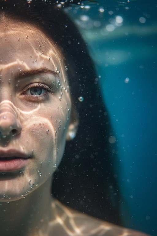 Гиперреалистичный, сверхдетализированный
макропортрет, на котором запечатлена только левая половина человеческого лица, погруженного под воду. Один глаз находится в резком фокусе у крайнего левого края кадра. Лучи света создают динамичные блики на коже, подчеркивая поры, влажные губы, ресницы и тонкие текстуры, создавая эффект реалистичного рассеивания под поверхностью. Капли и пузырьки воздуха придают глубину и подвижность.
Кинематографическое подводное освещение с мягкими тенями и четкими бликами усиливает сюрреалистическую, сказочную атмосферу.
Чрезвычайно малая глубина резкости, фотореалистичный рендеринг. Не меняй внешность, полностью сохрани черты лица.