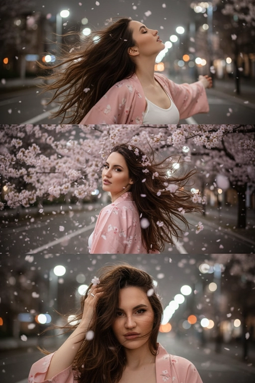 Не меняй черты лица, оставь их точь в точь как на загруженном фото. Фото в стиле триптиха, на котором изображена женщина в ночном городе.

На верхней панели изображена женщина по грудь, в профиль, расположенная в правой части кадра. Она запрокинула голову назад и закрыв глаза будто смотрит в небо разведя руки в стороны. Ее волосы развеваются на ветру закрывая лицо. На заднем плане ночной город полный ярких фонарей, где спокойно и нет людей, в небе развиваются от ветра листья сакуры . 

На средней панели изображена всё та же женщина со спины, смотрящая в кадр. На фоне все усыпано лепестками сакуры и они почти полностью перекрывают ночной город. Её волосы сильно развеваются на ветру в них запутались лепестки сакуры . 

На заднем плане нижней панели, крупным планом, изображено лицо всё той же женщины, частично скрытое развевающимися на ветру волосами в них немного лепестков сакуры, которая смотрит прямо на зрителя. Правой рукой она придерживает волосы, демонстрируя белое обручальное кольцо. 

Ночной Город и небо создают нейтральный, угрюмый фон для фотографии в натуралистическом стиле и при мягком освещении. Использовать лицо с фото на 100% , не изменяя черты лица. На девушке - белый топ и нежно-розовое хаори в японском стиле.
