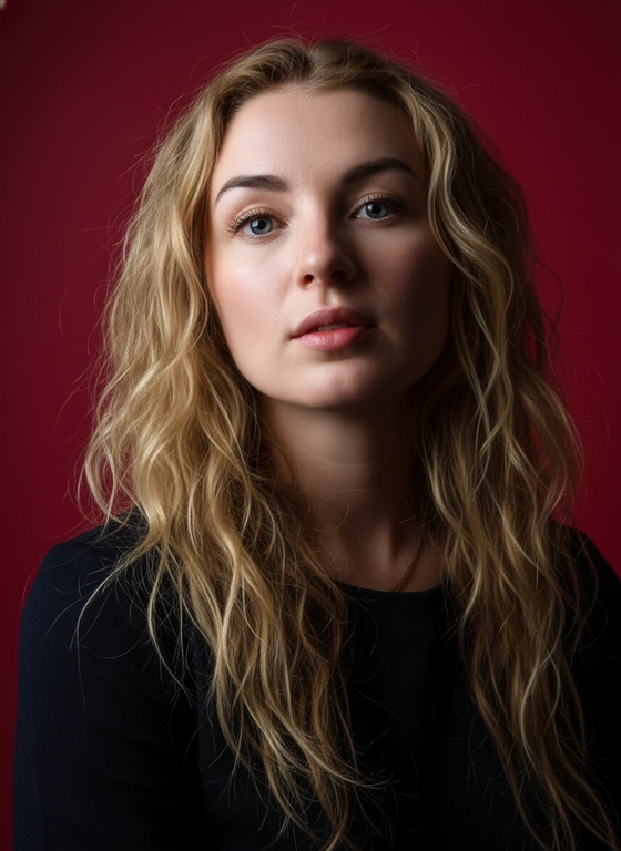 Создай портрет, используя те же черты лица (на основе загруженного фото), характеризующийся резким кинематографическим освещением и интенсивным контрастом. Снятый с немного нижнего ракурса, направленного вверх, что подчеркивает линию подбородка и шеи модели, этот портрет производит впечатление доминантности и скульптурной элегантности. Фон — глубокий, насыщенный малиново-красный, создающий яркий визуальный контраст со сияющей кожей модели и темной одеждой.