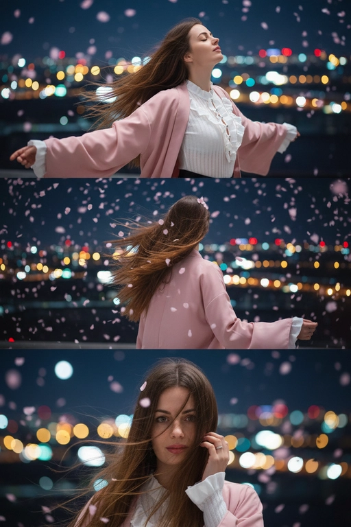 Не меняй черты лица, оставь их точь в точь как на загруженном фото. Фото в стиле триптиха, на котором изображена женщина в ночном городе.

На верхней панели изображена женщина по грудь, в профиль, расположенная в правой части кадра. Она запрокинула голову назад и закрыв глаза будто смотрит в небо разведя руки в стороны. Ее волосы развеваются на ветру закрывая лицо. На заднем плане ночной город полный ярких фонарей, где спокойно и нет людей, в небе развиваются от ветра листья сакуры . 

На средней панели изображена всё та же женщина со спины, смотрящая в кадр. На фоне все усыпано лепестками сакуры и они почти полностью перекрывают ночной город. Её волосы сильно развеваются на ветру в них запутались лепестки сакуры . 

На заднем плане нижней панели, крупным планом, изображено лицо всё той же женщины, частично скрытое развевающимися на ветру волосами в них немного лепестков сакуры, которая смотрит прямо на зрителя. Правой рукой она придерживает волосы, демонстрируя белое обручальное кольцо. 

Ночной Город и небо создают нейтральный, угрюмый фон для фотографии в натуралистическом стиле и при мягком освещении. Использовать лицо с фото на 100% , не изменяя черты лица. На девушке - белый топ и нежно-розовое хаори в японском стиле.