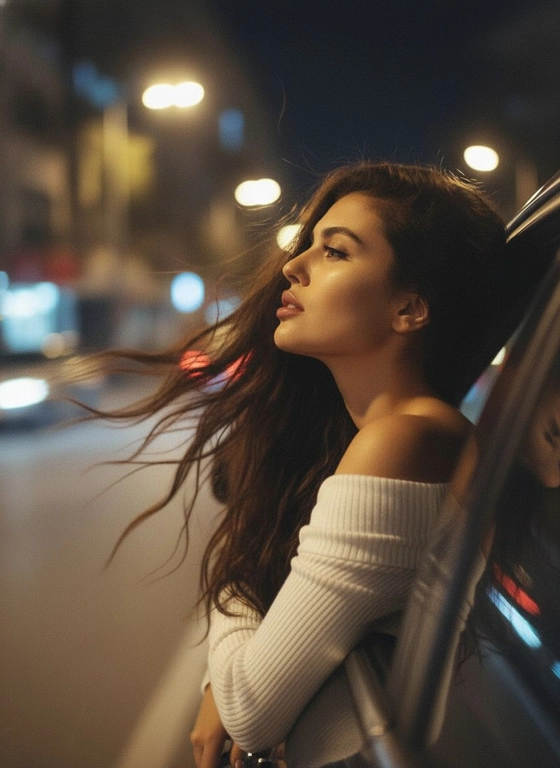 Создайте фото, где я высунула голову из окна машины в тёмную, мечтательную, размытую, винтажную ветреную ночь, в белом трикотажном топе с открытыми плечами. ракурс боковой. Голова чутка откинута назад. Машина в движении.  Выражение лица мечтательное, губы немного приоткрыты. Волосы развеваются в движении. Сохраните детали лица в точности. Пожалуйста, не изменяйте черты лица и оставь таким, какое оно есть.