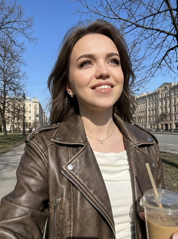 Не меняй черты лица женщины с фото. На этом ярком солнечном снимке запечатлена женщина в эстетике весенней прогулки. Фотография выполнена в формате селфи на фоне ясного голубого неба и деревьев. У неё аккуратный макияж с акцентом на сияющие губы (блеск), чётко оформленные брови, нарощенные ресницы в «лисьем» эффекте, лёгкий контуринг на скулах. На ней стильная кожаная косуха шоколадного цвета с эффектом состаренности. Под курткой виден лонгслив из вискозы с открытыми плечами и напуском молочного цвета. В ушах видны серьги-гвоздики и тонкая цепочка на шее с маленьким бриллиантом. Яркий прямой солнечный свет создаёт чёткие контрасты и подчёркивает текстуру одежды и блеск аксессуаров. Фон: чистое ярко-голубое небо без единого облака, ветви деревьев без листвы, асфальтовый тротуар, вдали красивые архитектурные здания, женщина прогуливается по улице города. Общее впечатление — позитивное прогулочное настроение. Ракурс: на вытянутой руке, снизу вверх.

Кофе в руке:  В руке пластиковый стакан кофе с трубочкой.