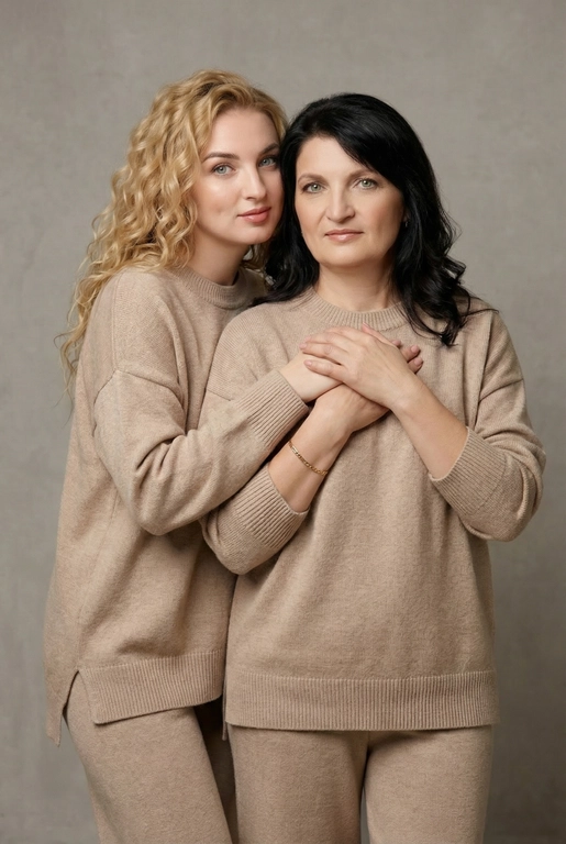 Используй эти два фото мамы и дочери и создай для них студийный портрет в чистом и элегантном стиле. Они стоят рядом, очень близко друг к другу. Дочь мягко обнимает маму за руку и слегка к ней прижимается со спины. Мама сложила руки перед грудью. Образ минималистичный, современный и стильный. На руке у матери тонкий золотой браслет. Профессиональный макияж и прическа.  Не менять черты лица ни на 1 процент. Фон — нейтральный серый с мягкой текстурой. Освещение рассеянное, мягкое, подчёркивающее естественные тона кожи. Атмосфера тёплая, нежная и спокойная, в стиле журнальной съёмки. Обе в свободных стильных бежевых свитерах и брюках.