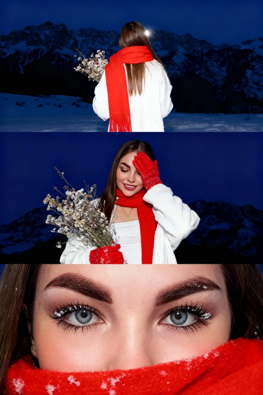 Создай коллаж не меняя черты лица. Кинематографический зимний коллаж из трёх кадров: девушка на фоне заснеженных гор и замёрзшего озера, мягкий вечерний свет, холодно, падает снег. На ней белое шерстяное пальто и ярко-красный шарф, в руках букет зимних полевых цветов. Первый кадр — со спины, её волосы и красный шарф выделяются на фоне темно-синего неба и гор; второй кадр — человек стоит на фоне темно-синего неба, улыбается, смотрит вниз, в одной руке букет, второй рукой прикрывает лицо. На руках красные вязаные перчатки. атмосфера лёгкости и свежести. на ней белое шерстяное пальто и ярко-красный шарф; третий кадр — очень крупный портрет на фоне темно-синего неба, взгляд в камеру, на ресницах снег, мягкий румянец, естественный макияж. Видно часть шарфа. Акцент на глаза. Настроение — романтичное, зимнее, немного меланхоличное, стиль — реалистичный, кинематографический, контраст белого снега и красных акцентов. Все фото сделаны ночью со вспышкой. Пленочная фотография.