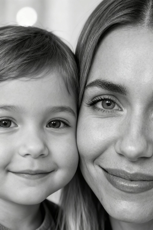 Сверхреалистичная черно-белая художественная фотография 8K женщины и ребенка, снятая очень крупным планом, щека к щеке так что видны только правая половина лица женщины и левая половина лица ребенка. которые смотрят в камеру. Их лица расположены рядом, почти соприкасаясь, образуя идеально сбалансированную симметричную композицию. Каждая деталь передана с фотографической точностью: тонкая текстура кожи и плавные градиенты света и тени. Видимая половина женщины включает ее бровь, один глаз , часть ее носа, щеку и губы, слегка приоткрытые в нежной, естественной улыбке, Видимая половина ребенка включает один глаз , круглую мягкую щеку, часть носа и небольшую улыбку, Фон нейтральный и слегка размытый, что подчеркивает эмоциональную близость между ними. Освещение мягкое и рассеянное, создает деликатный контраст и тональную глубину. На снимке запечатлены нежность, близость и связь между матерью и ребенком, запечатленные с потрясающей реалистичностью. Не меняй черты лиц. 
