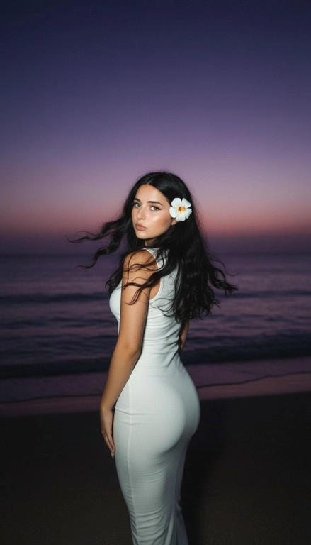 Сделай фото, будто я на пляже, где темно, но кто-то сфотографировал меня со вспышкой, и мое лицо немного блестит и светится, заднем плане закат, как будто солнце село на 98%, оставив фиолетовый оттенок, и само по себе почти темно. Фото сделано из-за моей спины, как будто  мне сказали, повернуться. Я в белом облегающем платье с цветком, заправленным в волосы. Волосы должны развеваться так, как будто дует слегка ветер.