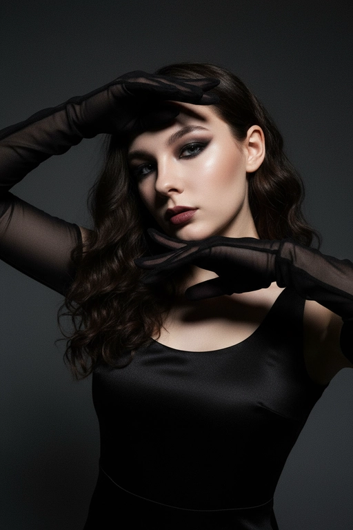 На моей фотографии крупным планом изображена гламурная женщина на темно-сером фоне, в прозрачных чёрных перчатках и чёрном платье. Она позирует, обрамляя лицо руками, отбрасывая на глаза эффектные тени. Яркий макияж глаз с аккуратной подводкой, гладкая и безупречная кожа, кинематографическое освещение, стиль высокой моды, атмосфера таинственности и соблазнительности. 