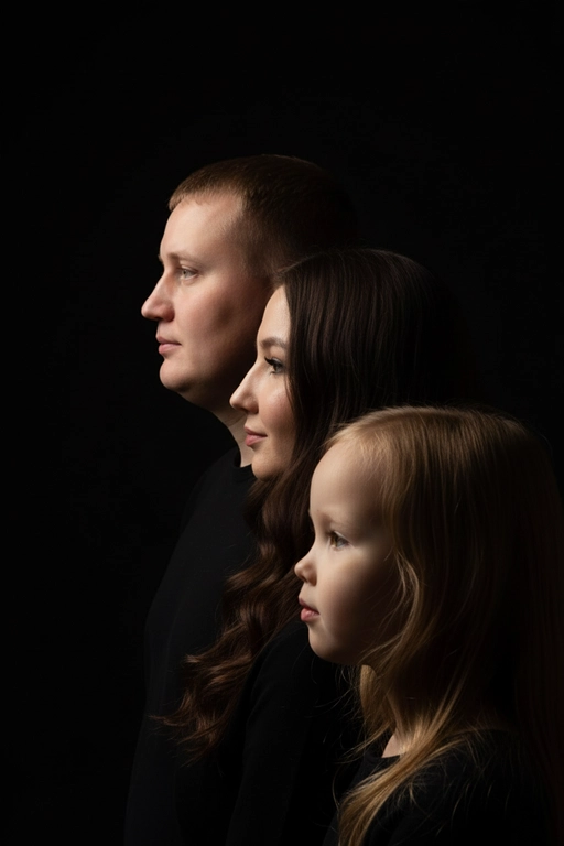 Профессиональный студийный портрет с низким контрастным светом. Головы расположены строго в одну линию, каскадом. боковой профиль, взгляд влево. У всех видны только головы и немного плечи. Черный фон. Черная одежда у всех. Люди занимают весь кадр. 3 человека. Порядок слева на право: отец-> мать-> ребенок.
