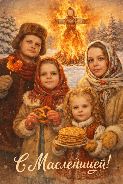  Создай винтажную открытку из предоставленных фотографий. Не меняй внешность, возраст, черты лица и индивидуальные особенности.
Стиль — советские сказочные открытки 1950–1970-х годов: мягкая живописная иллюстрация, тёплая палитра, ощущение уюта, лёгкая художественная детализация, деликатное зерно.
Композиция и формат:
Одежда: в традиционной славянской зимней одежде (шапки, полушубки, платки, варежки).
В руках могут быть традиционные угощения (сахарный петушок на палочке, крендель, стопка блинов на тарелке).
На заднем фоне — большая горящая Масленица (чучело на костре).
Зима, золотой час, мягкий тёплый свет.
Качество 8K.
Надпись: «С Масленицей!»
Шрифт — изящный, рукописный, сказочный, в стиле советских открыток.