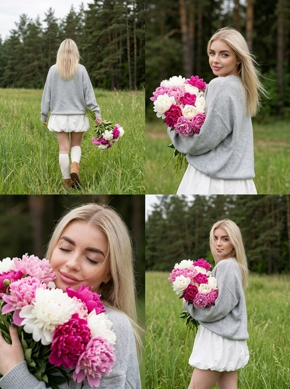Создать фотореалистичный коллаж из четырех lifestyle fashion-фотографий в единой эстетике. Все кадры сняты на Canon EOS R5, объектив 85 mm, мягкий пасмурный дневной свет, легкая недоэкспозиция, RAW photo, натуральные цвета, живая атмосфера, без ретуши, без HDR, без искусственного размытия. кожа с ровным сияющим тоном, розовые губы с легким сатиновым блеском, аккуратные брови, мягкий luxury nude makeup, естественная текстура кожи без ретуши.

Верхний левый кадр: Женщина снята со спины, идет по высокой зеленой траве к сосновому лесу. В правой руке держит большой букет белых, нежно-розовых и насыщенно-малиновых пионов. На ней объемный светло-серый вязаный oversize-свитер, короткая белая юбка-баллон, белые высокие носки и светлые замшевые казаки.

Верхний правый кадр: поясной портрет. она поворачивается через плечо к камере, смотрит прямо в объектив с мягкой уверенной полуулыбкой. Букет прижат к груди, волосы свободно развеваются. На фоне высокая луговая трава и темный сосновый лес.

Нижний левый кадр: крупный портрет. Она прижимает пышный букет пионов к лицу, глаза закрыты, легкая счастливая улыбка. Цветы частично закрывают лицо, акцент на текстуре лепестков, естественной коже и волосах.

Нижний правый кадр: съемка в полный рост. Она стоит среди высокой травы, слегка развернув корпус в сторону, смотрит прямо в камеру сквозь пряди волос. Букет лежит на согнутой руке, другая рука расслабленно опущена. Свитер свободно спадает по фигуре, белая юбка-баллон создает легкий объем. Атмосфера спокойного летнего вечера, природная эстетика, premium editorial fashion photography.

Доп. характеристики: Не меняя черты лица