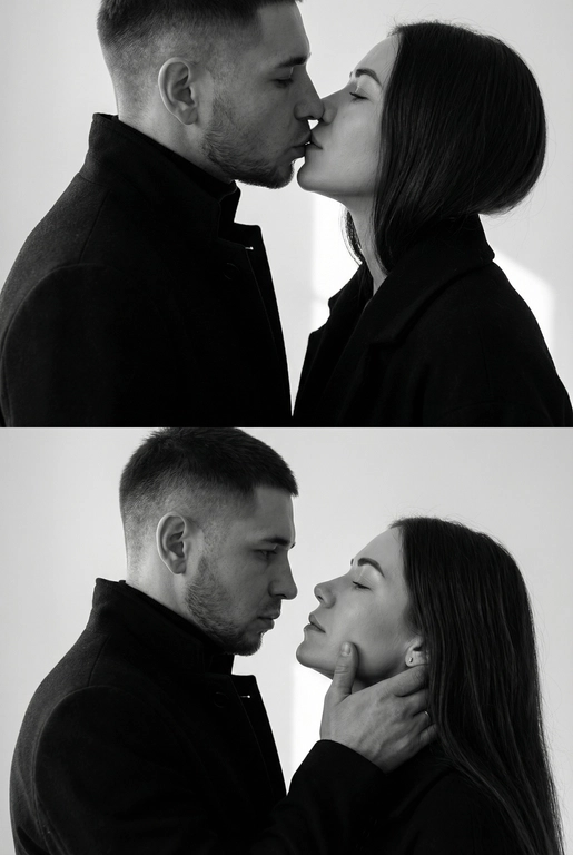   Не меняй внешность. Фотография представляет собой диптих (двойное изображение), выполненный в черно-белой гамме, который запечатлел пару в двух последовательных, нежных моментах. Общий стиль снимка — минималистичный и драматичный.
Верхний Кадр: Поцелуй
• Действие: Пара запечатлена в момент поцелуя.
• Мужчина: Слева, в профиль. Он одет в темное пальто или пиджак с высоким воротником. Его губы соприкасаются с губами женщины.
• Женщина: Справа, в профиль, с приподнятым подбородком, чтобы дотянуться до мужчины. У нее тонкие, изящные черты лица. Она одета в похожее темное пальто с воротником-стойкой.
• Эмоция: Кадр передает интимность и сосредоточенность на моменте соприкосновения.
Нижний Кадр: Нежность и Взгляд
• Действие: Мужчина и женщина смотрят друг на друга (или почти смотрят) на очень близком расстоянии.
• Мужчина: Слева, в профиль. Выражение его лица более серьезное и задумчивое. Он смотрит прямо на женщину.
• Женщина: Справа. Ее голова немного запрокинута, а глаза почти закрыты, что придает моменту большую чувственность.
• Взаимодействие: Рука мужчины (похоже, его правая рука) нежно поддерживает ее лицо сбоку, держа ее за челюсть/подбородок. Это движение подчеркивает заботу и глубокую эмоциональную связь между ними.
Общий Стиль и Композиция
• Цвет: Использование черно-белой палитры исключает отвлекающие цвета и усиливает драматизм, фокусируя внимание зрителя на контурах, текстурах и эмоциях.
• Одежда: Оба одеты в простые, темные вещи, которые гармонируют с общим настроением снимка.
• Фон: Однотонный, нейтральный, светлый фон (возможно, белая или светло-серая студийная стена), который создает сильный контраст с темной одеждой пары.
• Композиция: Диптих, разделенный горизонтальной линией, показывает два мгновения близости, создавая историю или последовательность.
Снимок производит впечатление элегантной, высококлассной модной или арт-фотографии, посвященной теме глубокой, серьезной любви и страсти.

