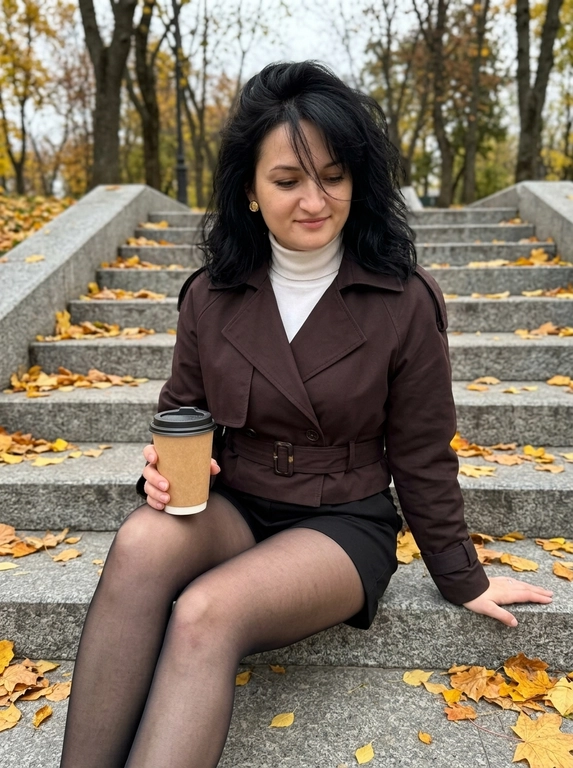 Ультрареалистичный дорогой lifestyle-снимок. В кадре женщина с объёмными распущенными волосами, уложенными с выраженным боковым объёмом. Несколько тонких прядей естественно падают на лицо.

Женщина сидит на широкой серой каменной лестнице в осеннем городском парке. Корпус слегка развёрнут в сторону камеры, ноги согнуты и направлены по диагонали вперёд. Одной рукой она держит закрытый стакан кофе навынос с крышкой, вторая рука свободно опирается ладонью на ступень рядом с телом. Голова слегка опущена и повернута в сторону, взгляд направлен вниз, на лице мягкая естественная полуулыбка.

На ступенях лежат сухие жёлтые и оранжевые опавшие листья. На заднем плане видны серые каменные ступени и осенние деревья с редкой листвой. Фон хорошо читается и не размыт.

Ракурс немного сверху вниз и слегка сбоку, камера расположена достаточно близко. Вертикальный кадр примерно от головы до колен, с лёгкой перспективой смартфона. Женщина занимает основную часть кадра. Естественный пасмурный дневной свет, мягкие тени, спокойная осенняя цветовая гамма из серых, коричневых, чёрных и приглушённо-золотых оттенков.

Мобильная съёмка на iPhone 17 Pro Max. Живое естественное фото без постановочного глянца и сильной ретуши. Натуральная текстура кожи, высокая детализация волос, камня и опавших листьев. RAW, realistic lifestyle photography, subtle smartphone sharpness, без размытия фона, без текста и водяных знаков.

Какая будет одежда?: На женщине укороченный тренч глубокого тёмно-коричневого цвета с широкими лацканами и поясом на талии. Под ним — белая облегающая водолазка с высоким горлом. Низ — короткие чёрные шорты и чёрные полупрозрачные колготки. В ушах небольшие округлые золотые серьги.