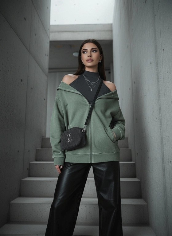Фотография девушки, позирующей на лестнице современного бетонного здания, с выразительным искусственным освещением, исходящим сверху. Кадр сделан снизу, что подчеркивает линию тела и архитектуру.

Уверенное, расслабленное выражение, взгляд направлен немного в сторону, создавая ощущение невидимого взаимодействия с окружающим миром.

Объемная толстовка застиранного цвета шалфея на молнии, спадающая с плеч, и темно-серый топ с закрытыми плечами. Широкие кожаные брюки, благородный блеск ткани. Многослойные серебряные цепочки и маленькие серьги-кольца, добавляющие акценты. На боку у нее висит мини-сумка из замши с металлическим логотипом, придающая образу завершенность.

Локация — лестница современного здания, фон из бетонных стен, что делает акцент на модели. И...