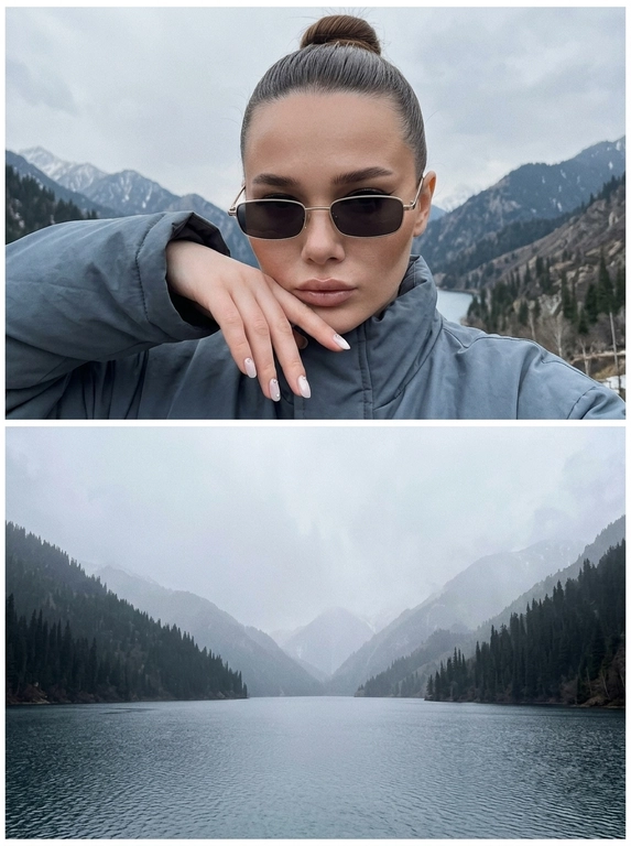 Реалистичный фотоколлаж из двух фотографий, снятых на iPhone. Верхняя и нижняя часть выглядят как две отдельные настоящие фотографии, соединённые в один цельный кадр. Холодная приглушённая цветокоррекция, лёгкая зернистость, немного затемнённая экспозиция, натуральное RAW-качество.

ВЕРХНЯЯ ФОТОГРАФИЯ — женщина: крупный портрет на фоне холодного горного пейзажа. На ней объёмная oversize-куртка холодного серо-синего оттенка, широкие рукава и массивный силуэт, под ней тёмно-серый топ. 

Макияж выразительный: сияющая естественная кожа с реальной текстурой, высокие выразительные скулы с глубоким контурированием, аккуратные брови, острая удлинённая восточная стрелка, губы с влажным глянцевым блеском.

Рот закрыт. Одна рука красиво поднята к лицу, ладонь мягко прикрывает нижнюю часть лица, пальцы расслаблены и естественно расположены. Ногти тонкие, аккуратной формы, сатиново-молочного оттенка с мягким жемчужным переливом и несколькими маленькими стильными стразами.

НИЖНЯЯ ФОТОГРАФИЯ — отдельный пейзаж без женщины: огромное холодное горное озеро с лёгкой рябью на воде, серо-бирюзовая холодная вода, на заднем плане массивные горы, полностью покрытые густым тёмным лесом. Между горами плотный бело-серый туман, который мягко окутывает лес и частично скрывает вершины. Пасмурное холодное небо, влажная атмосферная дымка, дальние горы растворяются в тумане. Очень глубокая перспектива и ощущение огромного пространства.

Весь коллаж должен выглядеть как две реальные фотографии из одного путешествия: холодный воздух, естественный свет, реалистичная вода, лес, туман и горы, лёгкое цифровое зерно, натуральная детализация, без CGI, HDR, пластиковой кожи и чрезмерной обработки.

Причёска: Волосы идеально гладко зачёсаны назад и собраны в аккуратный высокий плотный пучок. Укладка чистая, строгая и собранная, без выбивающихся прядей и лишнего объёма.

Очки: Узкие прямоугольные солнцезащитные очки с тонкой светлой металлической оправой и тёмными линзами.