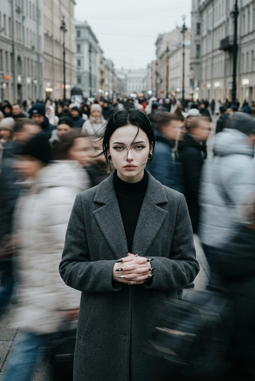 Кинематографичная фотография с эффектом смазанного движения, снятая на Leica SL3 с объективом 50mm Summilux при f/2.8, с фронтального ракурса на уровне груди, с использованием медленной выдержки и панорамирования. Ровный пасмурный дневной свет выступает как мягкий диффузор, позволяя создавать длинные шлейфы размытия без жёсткого контраста. Цветовая тональность — приглушённые бетонно-серые оттенки и нейтральные тона кожи, вдохновлённые фильмами студии A24.
Человек с референса: волосы застыли в движении перед лицом, кожа естественная, глаза пронзительно смотрят прямо в камеру, сохраняя неподвижность среди хаоса; выражение лица спокойное, сосредоточенное. Одежда — сдержанный минималистичный образ без ярких акцентов.
Сотни спешащих прохожих проносятся во всех направлениях, их тела вытянуты в плавные горизонтальные и диагональные размытия. Эмоция — тихий бунт через неподвижность. Эстетика — редакционный покой против хаоса.
Постобработка: чистая физика движения, тонкое зерно, без глитчей, без искажений лица и деформаций анатомии.
–ar 9:16 – raw