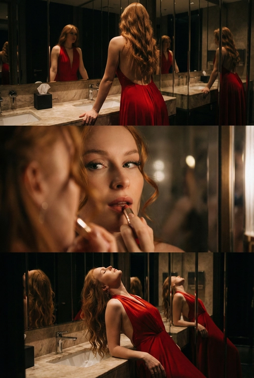 Создай не меняя черты лица. Экстремально реалистичный кинематографичный триптих, как живая серия фотографий из Instagram, снятая в зеркальном туалете дорогого ресторана. Вечер, интимная атмосфера, отражения в зеркалах, приглушённый свет, ощущение роскоши и ускользающего момента. Весь триптих объединён одним образом и единым настроением, с лёгким зерном, как будто кадры сняты в движении, естественно. В верхней части женщина стоит спиной облокотившись на раковину рукой, лицо в тени спина освещена, в отражениях зеркал видна её фигура, на ней одно и то же красное платье с открытой спиной, ткань струится и выглядит дорого, чувственно. Свет мягко скользит по плечам и линии спины, создавая глубокие тени и драматичный силуэт. В средней части экстремально близкий ракурс лица через зеркало, женщина смотрит на своё отражение и поправляет помаду, жест живой и естественный. Лицо частично в фокусе, частично слегка размыто, ощущение движения и дыхания кадра. Пышные ресницы, выразительный взгляд, блики света в зеркале, локоны из пучка падают на лицо, добавляя интимности. В нижней части девушка запрокинула голову и облокотилась о раковину, глаза закрыты, поза расслабленная, уязвимая, словно она на секунду выпала из шумного вечера. Платье то же самое, красное, ткань ловит приглушённый свет, усиливая глубину цвета и теней. Во всех кадрах приглушённое освещение, cinematic lighting, мягкие тени, отражения зеркал, лёгкое зерно и небольшой motion blur без резкой чёткости и глянца. Цвета глубокие, насыщенные, но сдержанные. Общий стиль ультрареализм, кинематографическая эстетика, эффект настоящего Instagram-триптиха, ощущение пойманного момента, живо, чувственно и очень реалистично, как кадры из личного архива.
Не меняй черты лица. Очень длинные изящные волнистые волосы, несколько локонов свободно падают на лицо и шею. 