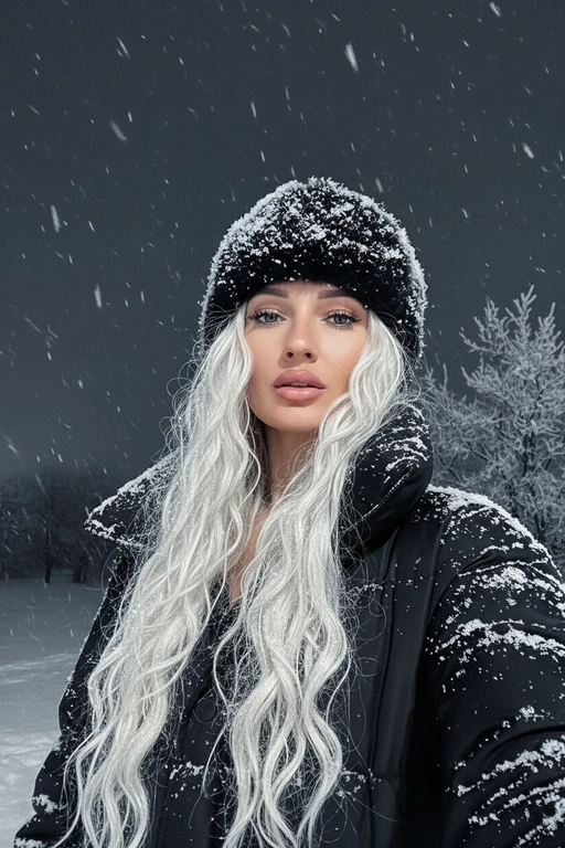 Селфи крупным планом, сделанное ночью на улице во время сильного снегопада. У женщины выразительные волосы и выразительные глаза, на ресницах и волосах которой лежат снежинки. На ней зимняя шапка из искусственного меха, почти полностью покрытая снегом, и пуховая куртка, припорошённая снегом на плечах и воротнике.
Освещение: мягкий холодный ночной свет сверху и немного спереди, создающий лёгкое свечение на щеках и лёгкие блики на куртке.
Поза: она держит камеру чуть ниже уровня глаз, уверенно снимая своё лицо снизу вверх; губы слегка приоткрыты, выражение лица спокойное, но выразительное. Фон: тёмное зимнее ночное небо, едва заметные ветви деревьев, слегка покрытые инеем, минимальная видимость для создания драматического настроения. Атмосфера: холодная, кинематографичная, с чистой зимней энергией; стильный современный снежный портрет с естественной текстурой и деталями. Шапка и куртка черного цвета.